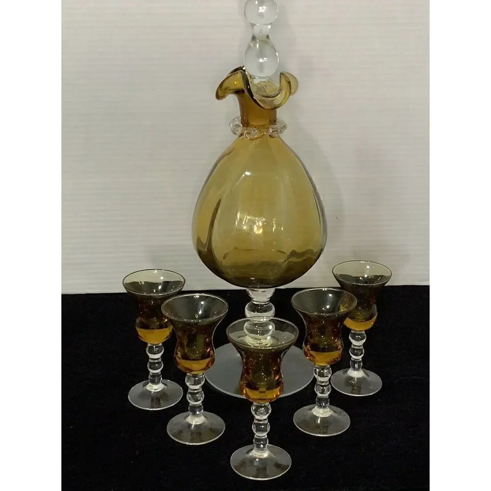 Rare Vintage Italian Amber Decanter with Stopper and 5 Matching Cordial Glasses